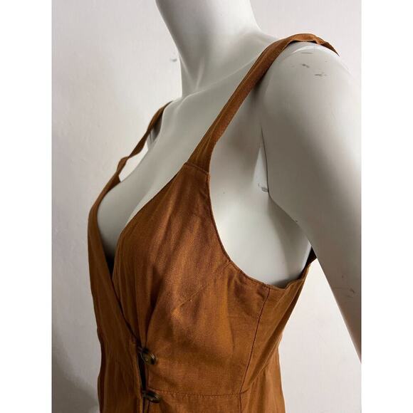 Jens Pirate Booty S Midi Dress Wrap Button Linen Blend Sienna Brown Sleeveless - Picture 6 of 11